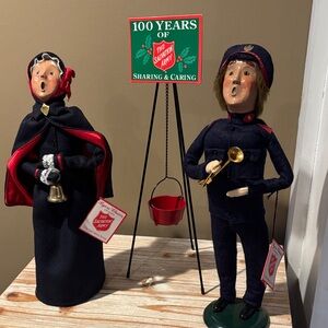 Byers Choice Carolers The Salvation Army Pair with Kettle Dated 92 & 93 signed